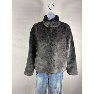 Women’s Fluffy Blackish Gray Jacket Size Large With Pockets Warm & Cozy